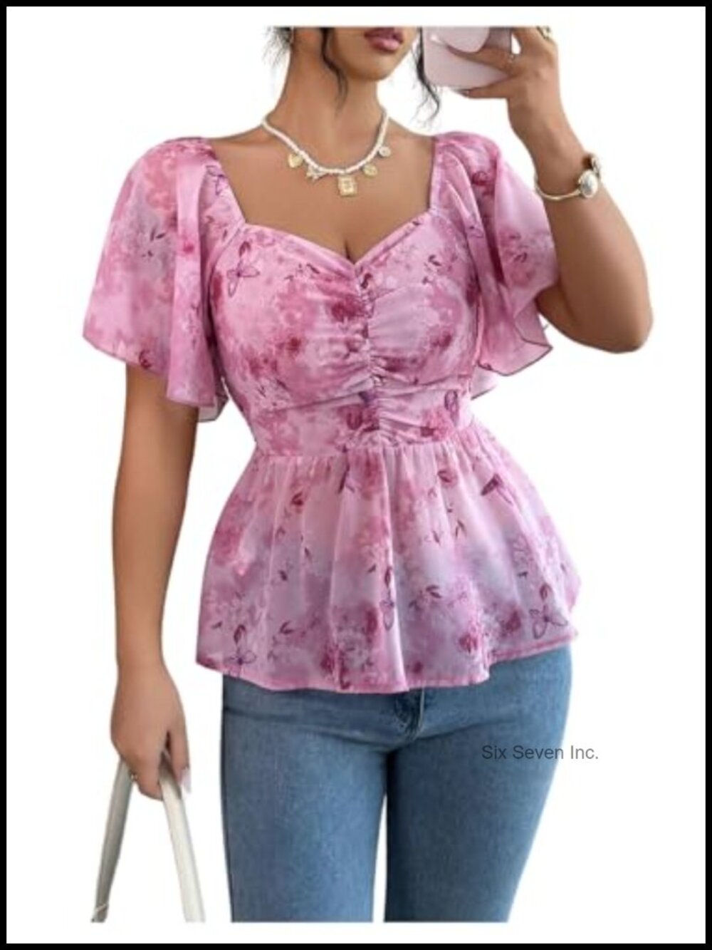 Womens Floral Mesh Peplum Top Smocked Short Sleeve Ruched Summer Blouse